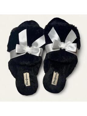 Dearfoams Black Slippers White Bow Cozy Soft Womens Size Medium 7-8